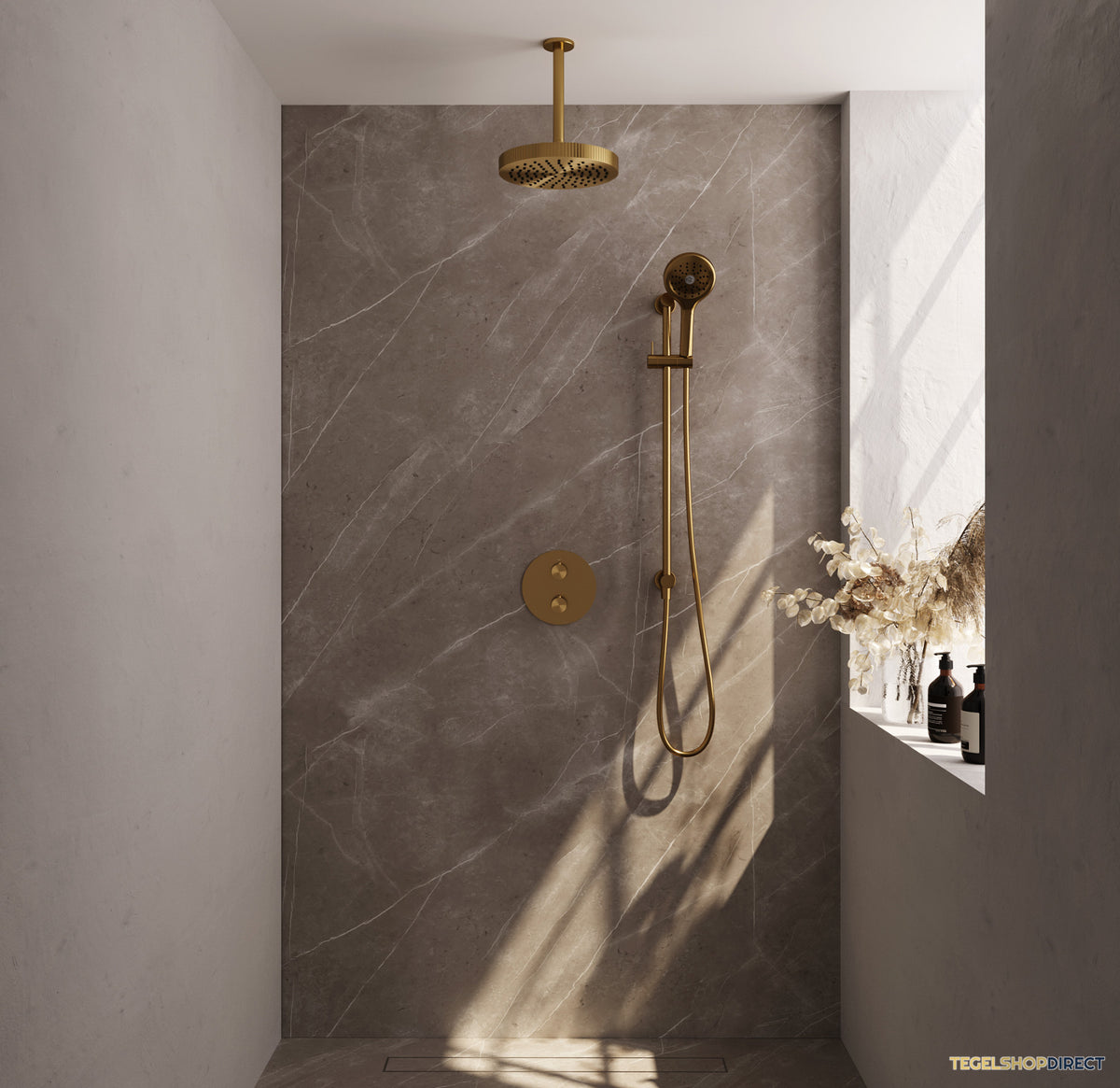 Brauer Stripe thermostatische inbouw regendouche 3-weg rond SET 48 met 25 cm douchekop en plafondarm en 3-standen handdouche en doucheslang en geintegreerde glijstang goud geborsteld PVD – afbeelding 2