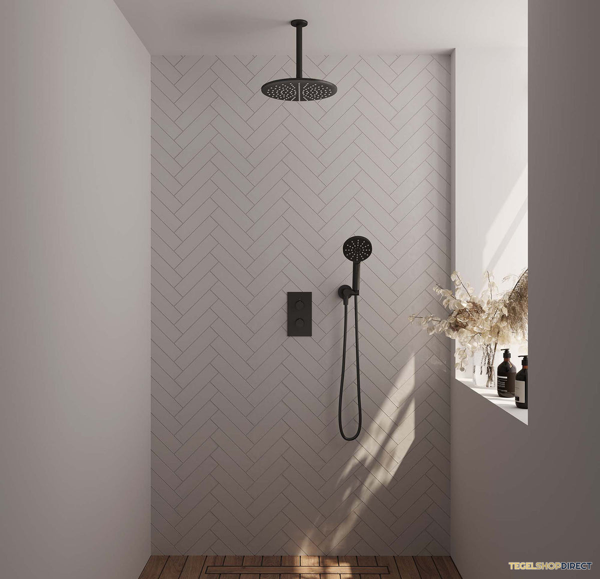Regendoucheset Inbouw Brauer Black Carving Thermostatisch 30cm met 3-Weg Omstelling, Plafondarm en 3-Standen Handdouche Mat Zwart – afbeelding 2
