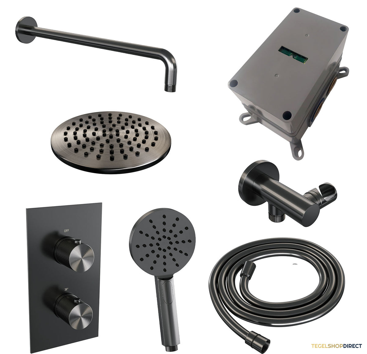 Regendoucheset Inbouw Brauer Gunmetal Carving Thermostatisch 20cm met 3-Weg Omstelling, Gebogen Wandarm en 3-Standen Handdouche Geborsteld Gunmetal – afbeelding 11