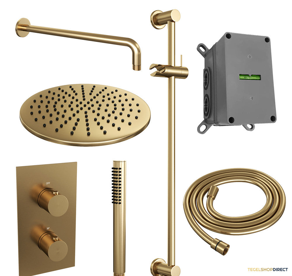 Regendoucheset Inbouw Brauer Gold Edition Thermostatisch 30cm met 3-Weg Omstelling, Gebogen Wandarm, Glijstang en Staaf Handdouche Geborsteld Goud – afbeelding 2