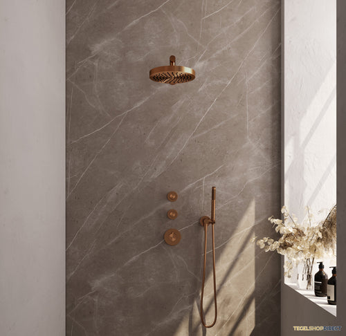 Brauer Stripe thermostatische inbouw regendouche SET 01 met 25 cm douchekop en rechte muurarm en staaf handdouche en doucheslang en wandaansluitbocht koper geborsteld PVD