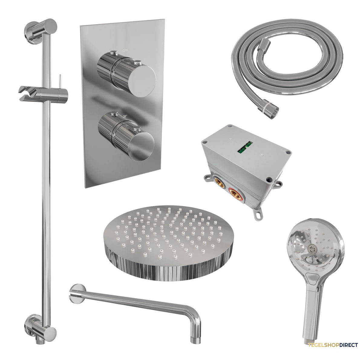 Brauer Stripe thermostatische inbouw regendouche 3-weg rechthoekig SET 23 met 25 cm douchekop en gebogen muurarm en 3-standen handdouche en doucheslang en geintegreerde glijstang chroom – afbeelding 3