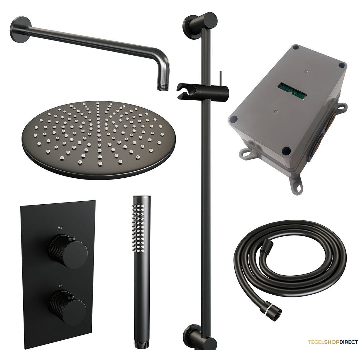 Regendoucheset Inbouw Brauer Black Carving Thermostatisch 30cm met 3-Weg Omstelling, Gebogen Wandarm, Glijstang en Staaf Handdouche Mat Zwart – afbeelding 3