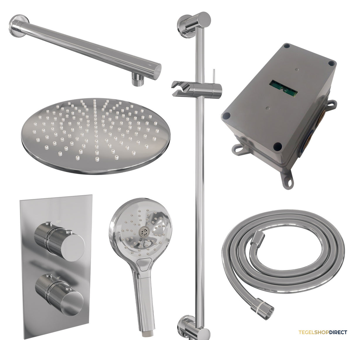 Regendoucheset Inbouw Brauer Chrome Carving Thermostatisch 30cm met 3-Weg Omstelling, Wandarm, Glijstang en 3-Standen Handdouche Chroom – afbeelding 11
