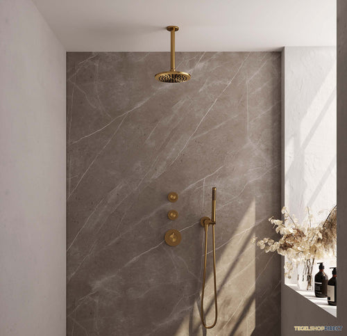 Regendoucheset Inbouw Brauer Gold Carving Thermostatisch 20cm met Plafondarm en Handdouche Staaf Losse Stopkranen Geborsteld Goud