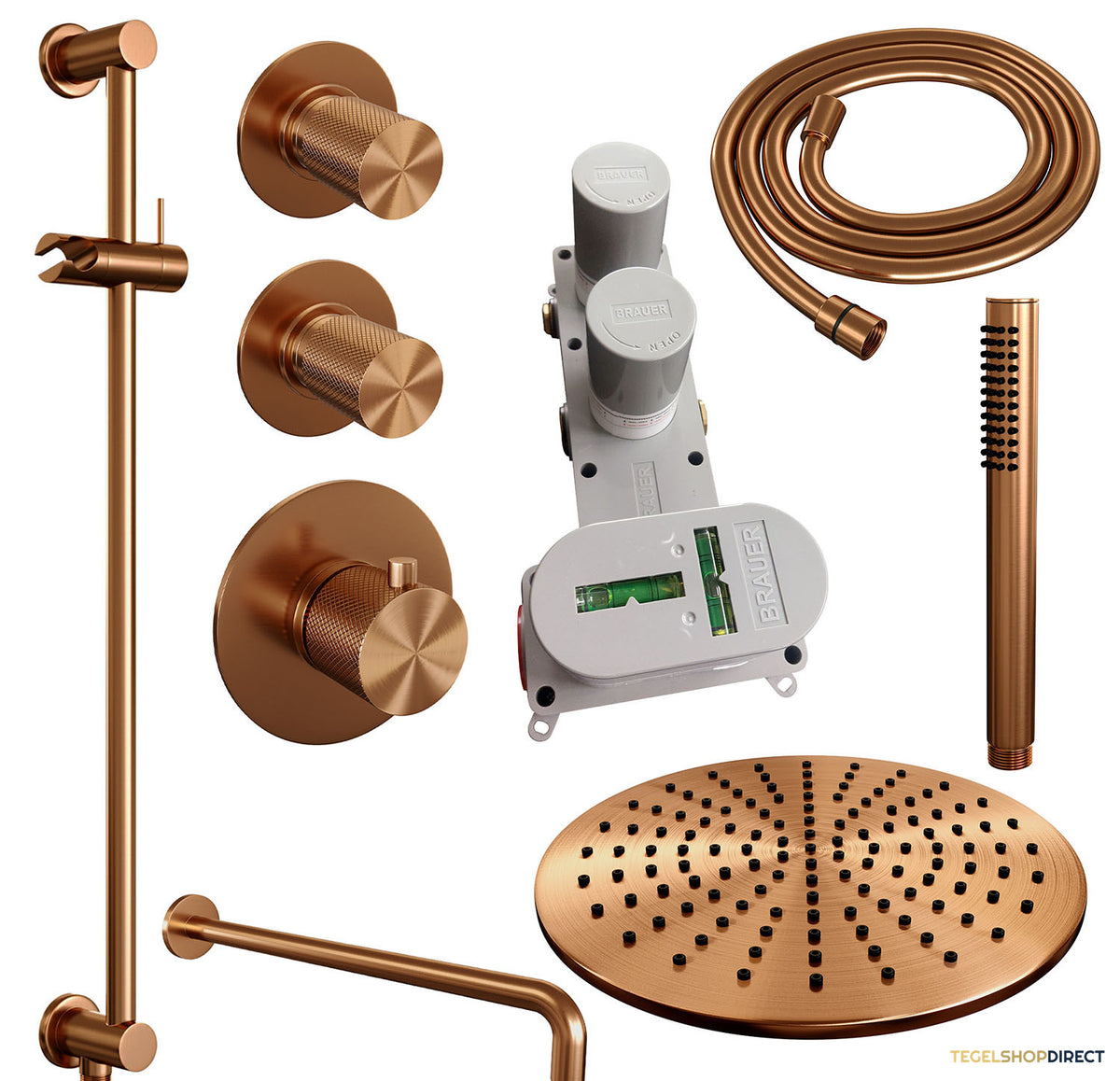 Regendoucheset Inbouw Brauer Copper Carving Thermostatisch 30cm met Gebogen Wandarm, Glijstang en Handdouche Staaf Losse Stopkranen Geborsteld Koper – afbeelding 3