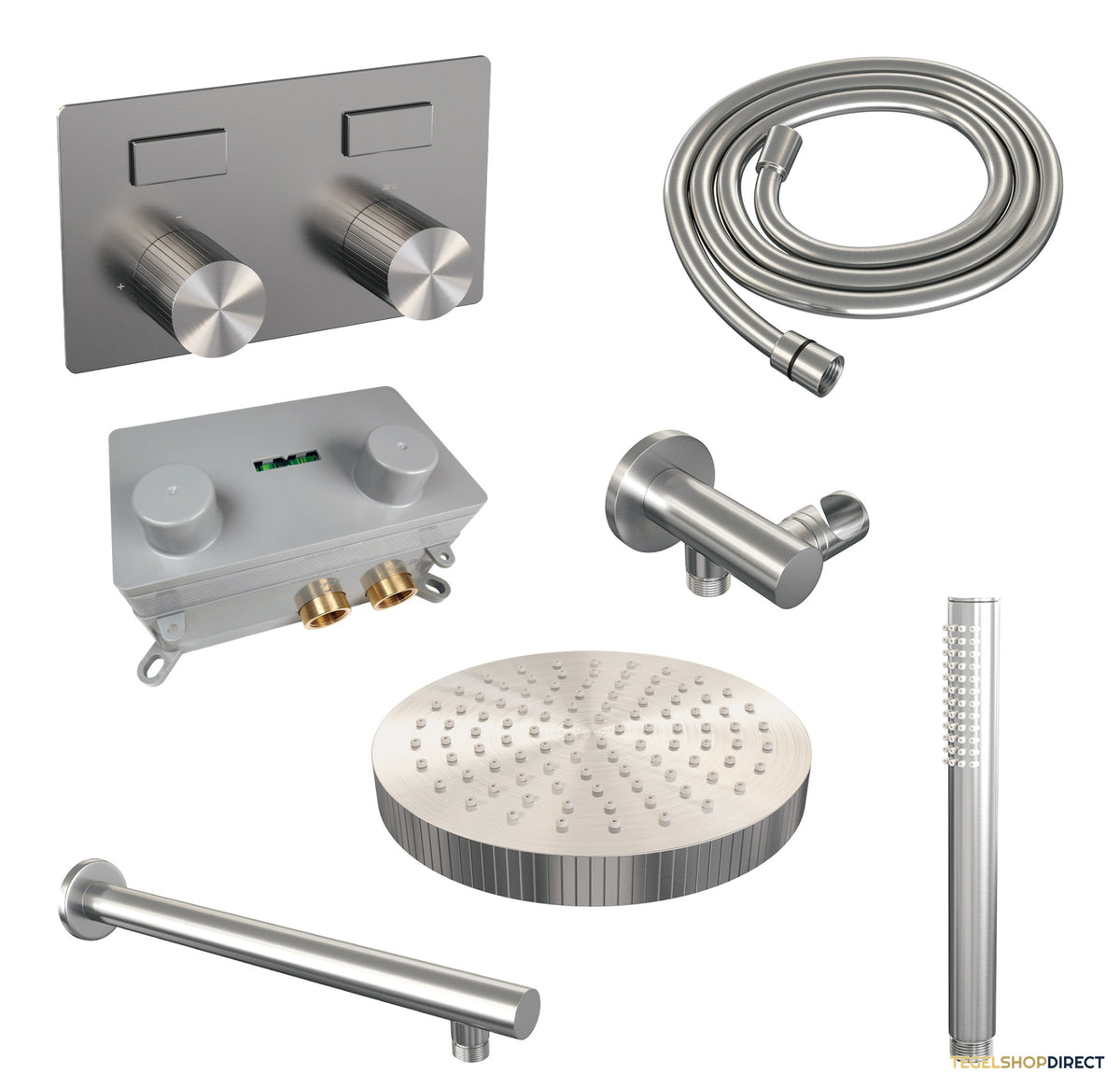 Brauer Stripe thermostatische inbouw regendouche met drukknoppen SET 25 met 25 cm douchekop en rechte muurarm en staaf handdouche en doucheslang en wandaansluitbocht RVS-kleurig geborsteld PVD – afbeelding 3