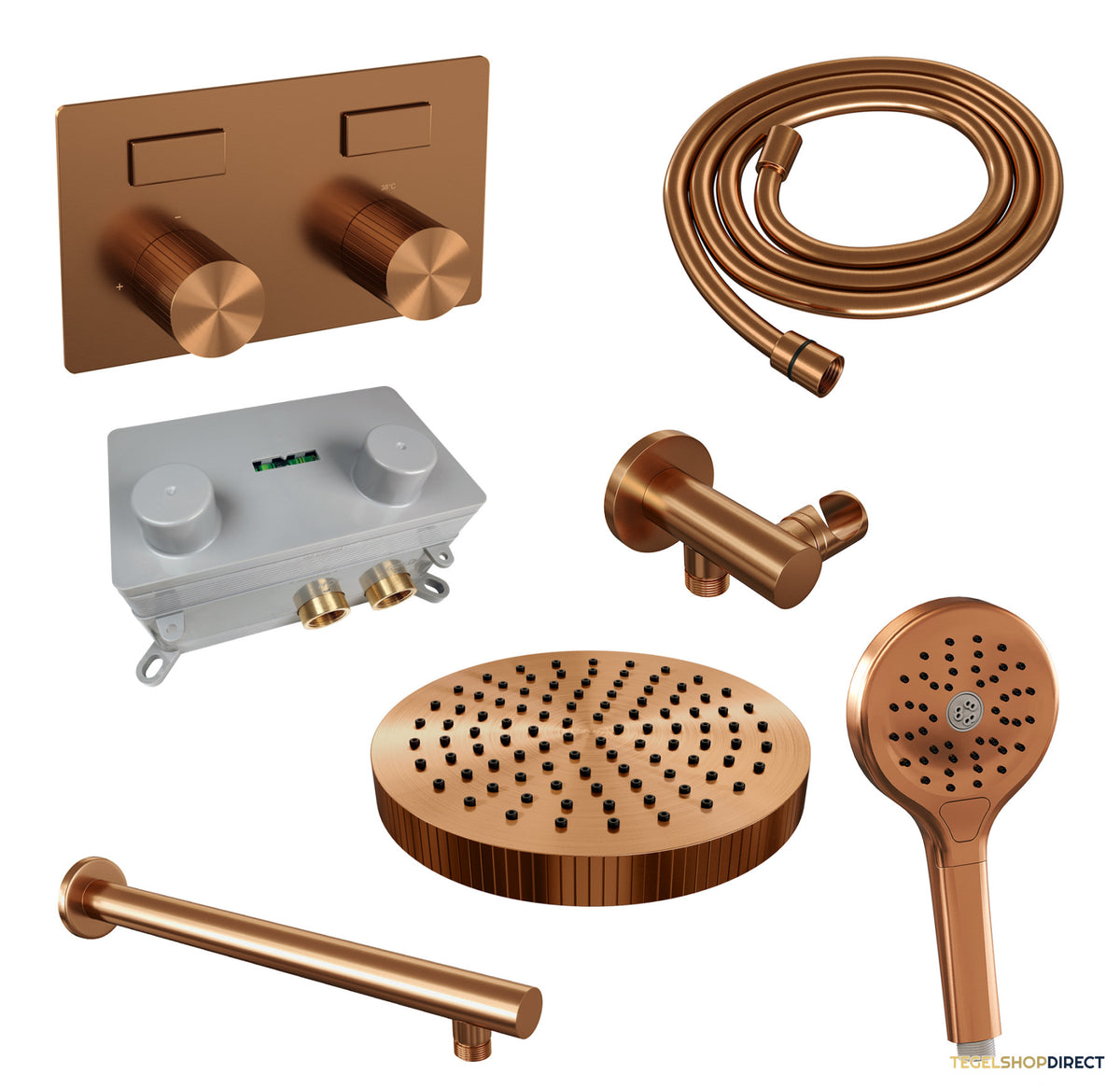 Brauer Stripe thermostatische inbouw regendouche met drukknoppen SET 28 met 25 cm douchekop en rechte muurarm en 3-standen handdouche en doucheslang en wandaansluitbocht koper geborsteld PVD – afbeelding 3