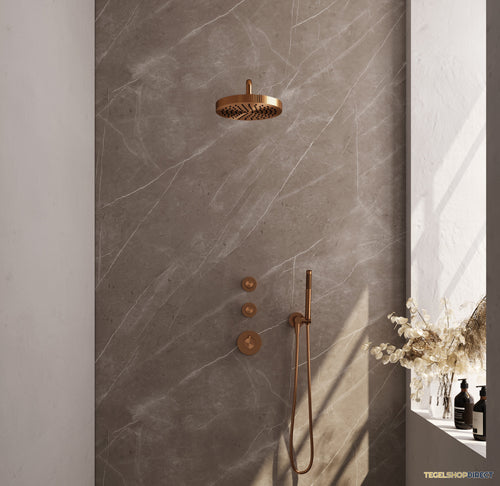 Brauer Stripe thermostatische inbouw regendouche SET 02 met 25 cm douchekop en gebogen muurarm en staaf handdouche en doucheslang en wandaansluitbocht koper geborsteld PVD