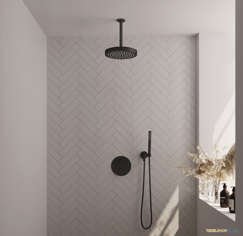 Brauer Stripe thermostatische inbouw regendouche 3-weg rond SET 39 met 25 cm douchekop en plafondarm en staaf handdouche en doucheslang en wandaansluitbocht mat zwart