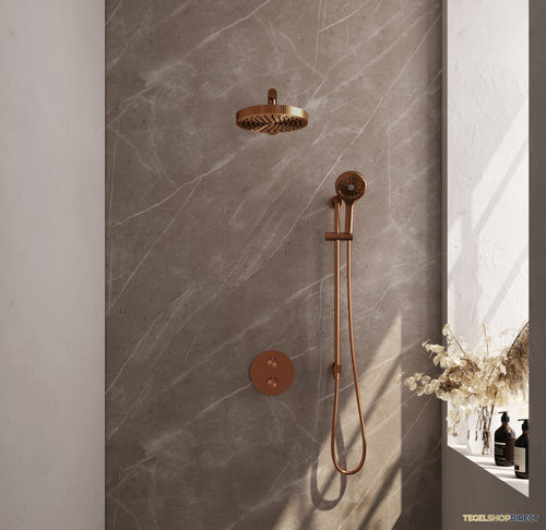 Brauer Stripe thermostatische inbouw regendouche 3-weg rond SET 46 met 25 cm douchekop en rechte muurarm en 3-standen handdouche en doucheslang en geintegreerde glijstang koper geborsteld PVD