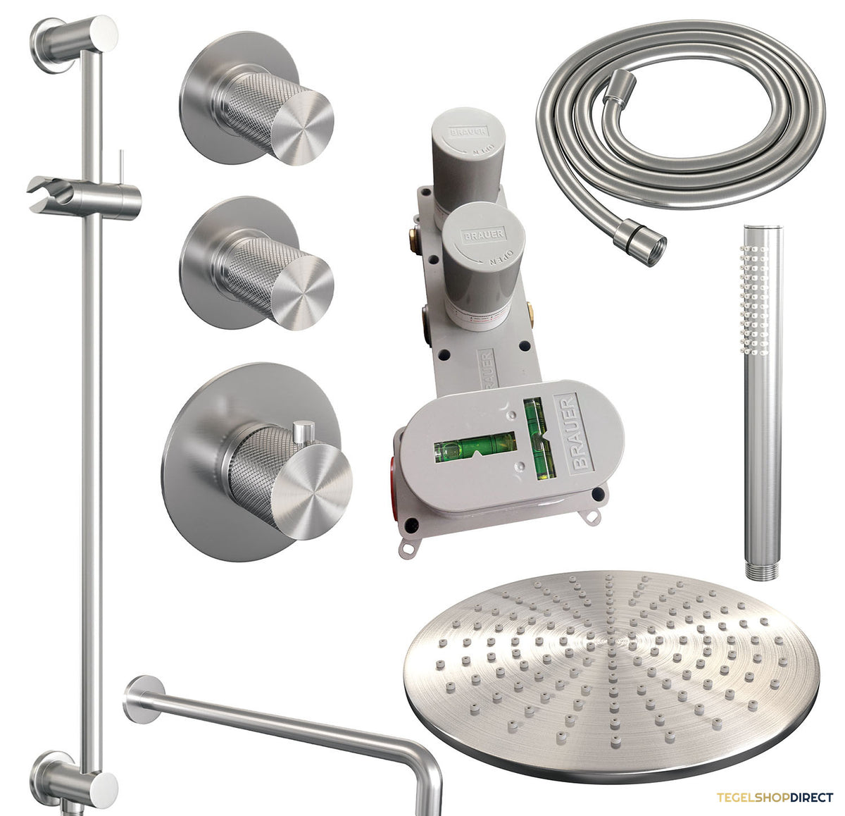 Regendoucheset Inbouw Brauer Brushed Carving Thermostatisch 30cm met Gebogen Wandarm, Glijstang en Handdouche Staaf Losse Stopkranen Geborsteld RVS – afbeelding 3