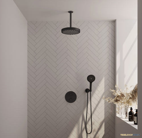 Brauer Stripe thermostatische inbouw regendouche 3-weg rond SET 42 met 25 cm douchekop en plafondarm en 3-standen handdouche en doucheslang en wandaansluitbocht mat zwart