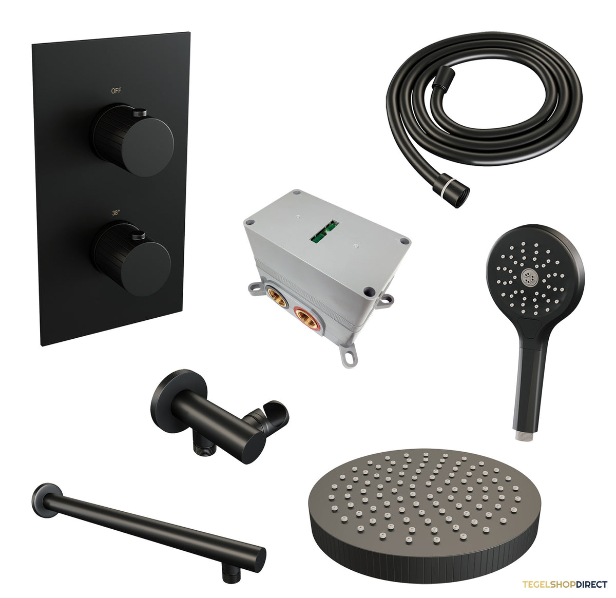 Brauer Stripe thermostatische inbouw regendouche 3-weg rechthoekig SET 16 met 25 cm douchekop en rechte muurarm en 3-standen handdouche en doucheslang en wandaansluitbocht mat zwart – afbeelding 3