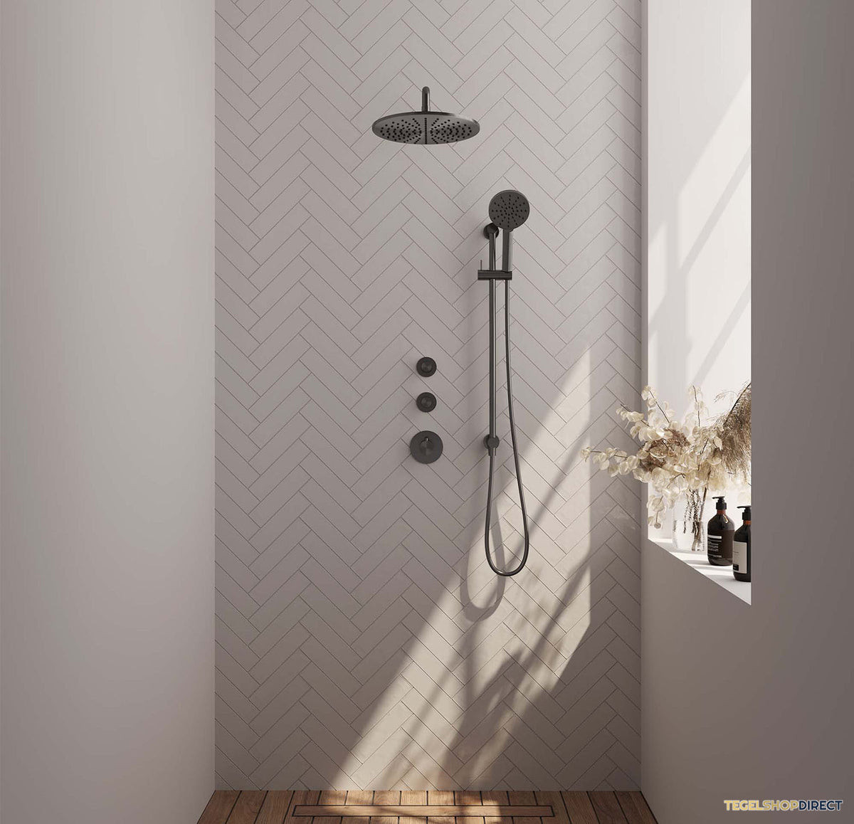 Regendoucheset Inbouw Brauer Gunmetal Carving Thermostatisch 30cm met Gebogen Wandarm, Glijstang en Handdouche 3-Standen Geborsteld Gunmetal – afbeelding 2