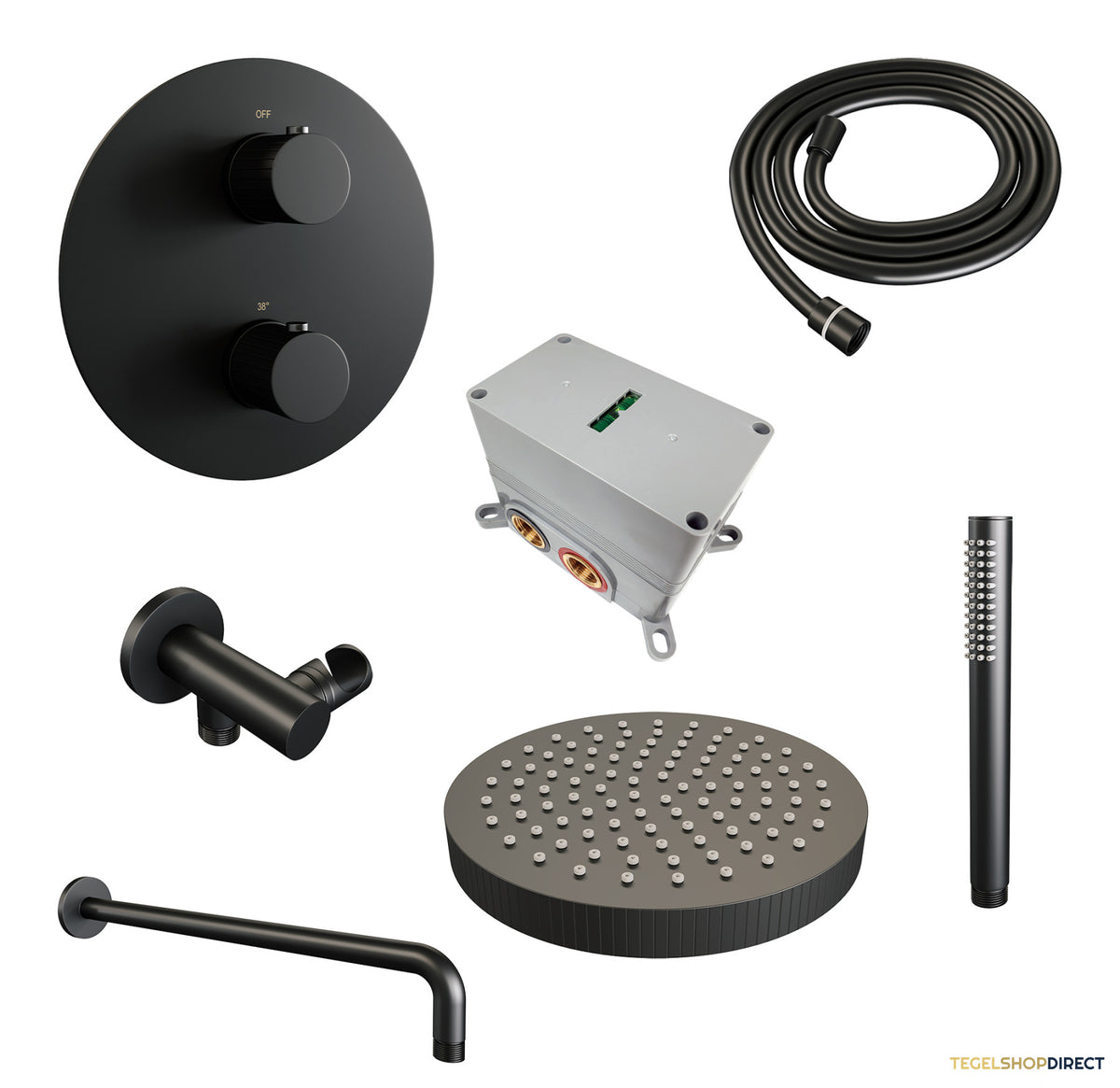 Brauer Stripe thermostatische inbouw regendouche 3-weg rond SET 38 met 25 cm douchekop en gebogen muurarm en staaf handdouche en doucheslang en wandaansluitbocht mat zwart – afbeelding 3