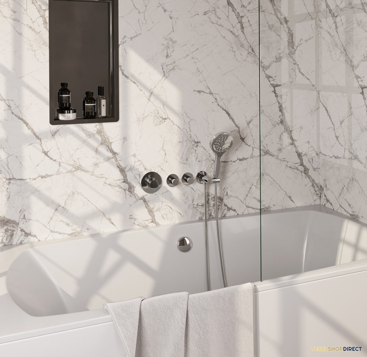 Brauer Stripe thermostatische inbouw badkraan SET 02 met badvulcombinatie en 3-standen handdouche en doucheslang en wandaansluitbocht chroom