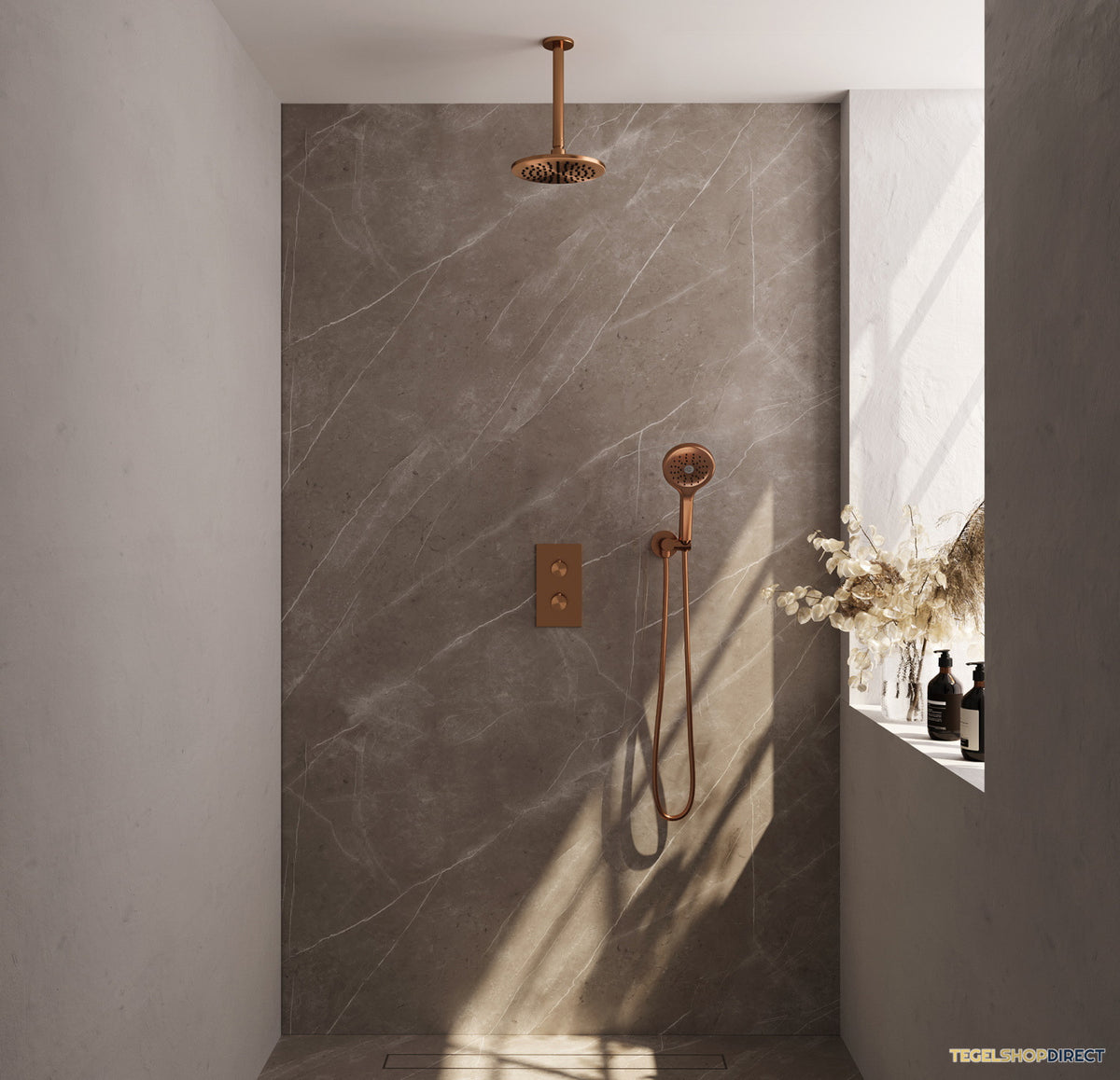 Regendoucheset Inbouw Brauer Copper Carving Thermostatisch 20cm met 3-Weg Omstelling, Plafondarm en 3-Standen Handdouche Geborsteld Koper