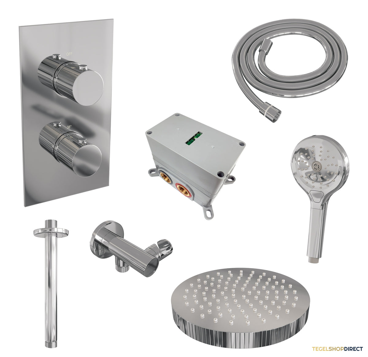 Brauer Stripe thermostatische inbouw regendouche 3-weg rechthoekig SET 18 met 25 cm douchekop en plafondarm en 3-standen handdouche en doucheslang en wandaansluitbocht chroom – afbeelding 3