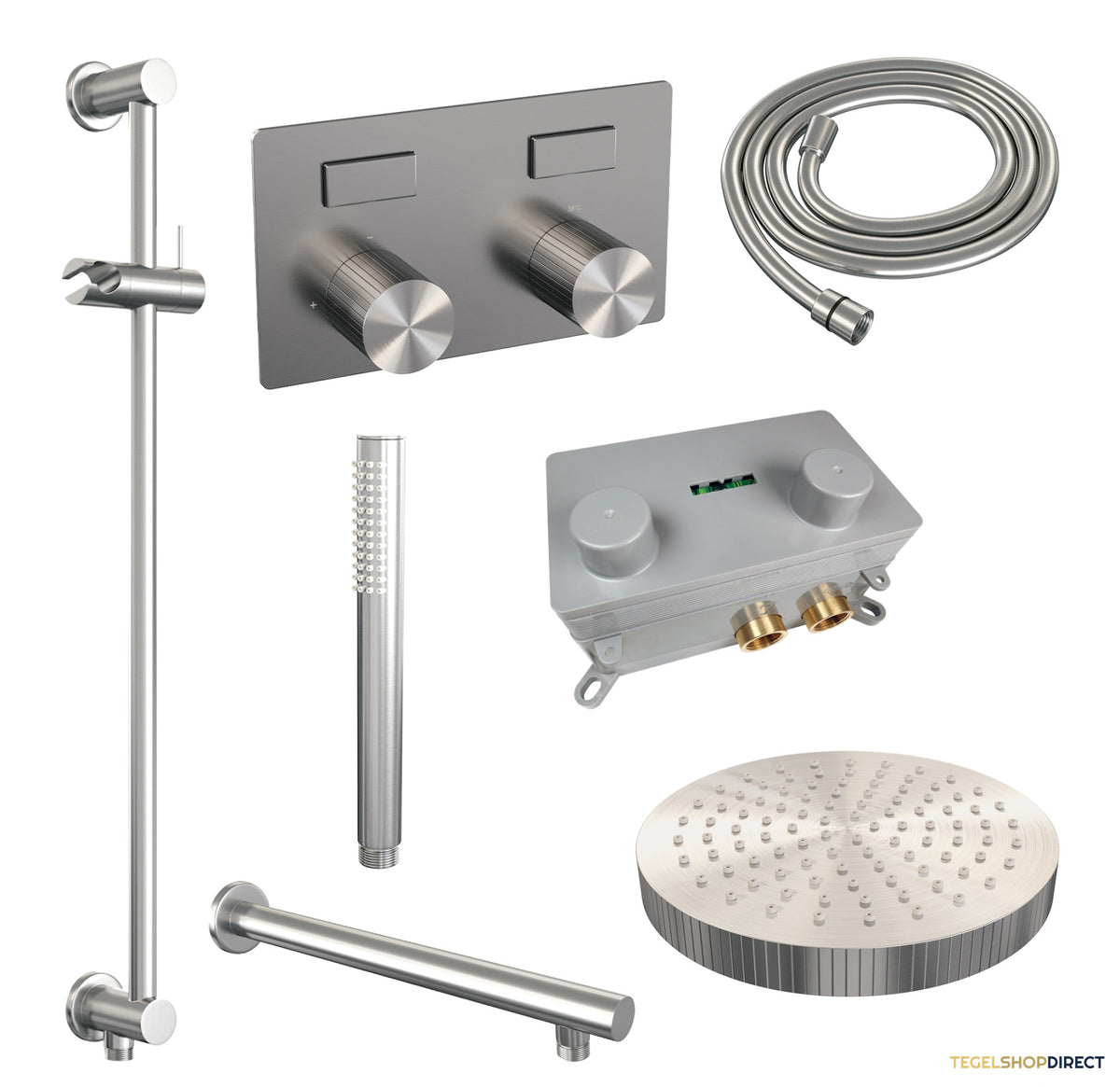 Brauer Stripe thermostatische inbouw regendouche met drukknoppen SET 31 met 25 cm douchekop en rechte muurarm en staaf handdouche en doucheslang en geintegreerde glijstang RVS-kleurig geborsteld PVD – afbeelding 3