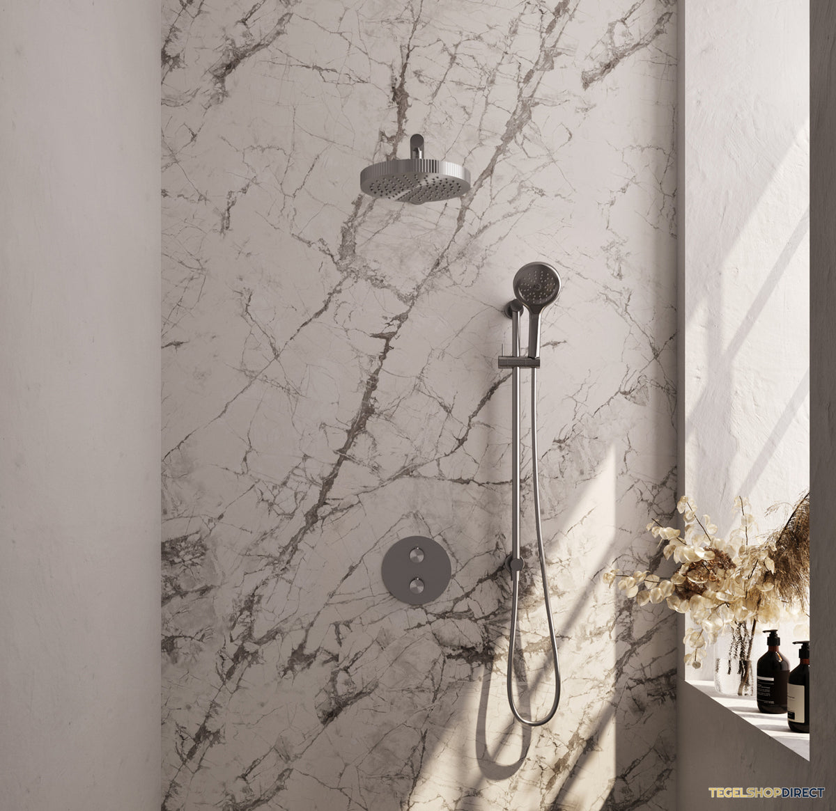 Brauer Stripe thermostatische inbouw regendouche 3-weg rond SET 46 met 25 cm douchekop en rechte muurarm en 3-standen handdouche en doucheslang en geintegreerde glijstang RVS-kleurig geborsteld PVD