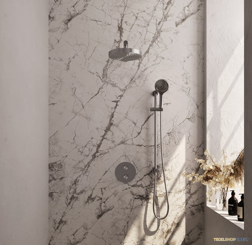 Brauer Stripe thermostatische inbouw regendouche 3-weg rond SET 46 met 25 cm douchekop en rechte muurarm en 3-standen handdouche en doucheslang en geintegreerde glijstang RVS-kleurig geborsteld PVD