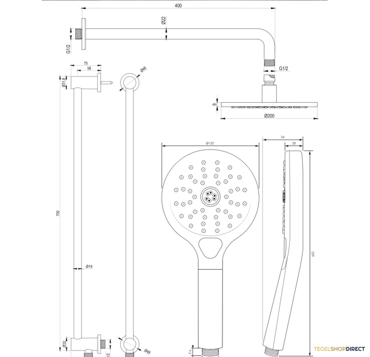 Thermostatische Inbouw Regendouche Brauer Carving Edition Met Drukknoppen SET 69 Met 20 cm Douchekop En Gebogen Muurarm En Staaf 3-Standen Handdouche En Doucheslang En Geintergreerde Glijstang RVS Geborsteld – afbeelding 11