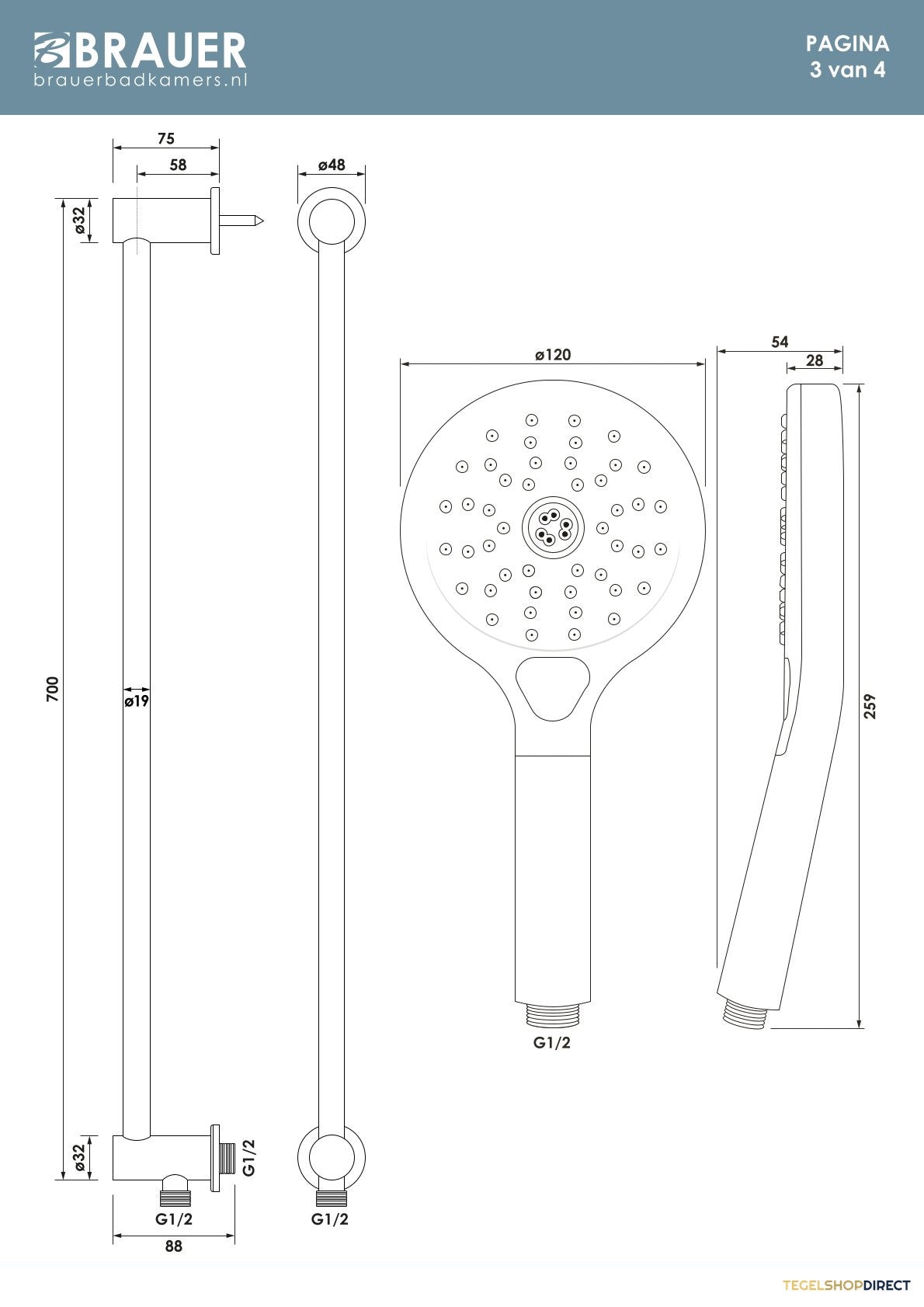 Brauer Stripe thermostatische inbouw regendouche 3-weg rond SET 47 met 25 cm douchekop en gebogen muurarm en 3-standen handdouche en doucheslang en geintegreerde glijstang mat zwart – afbeelding 11