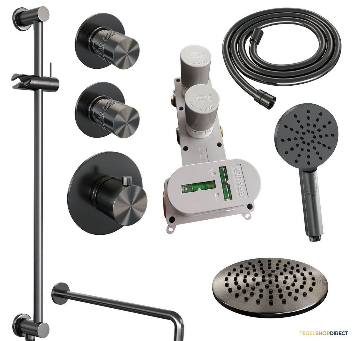 Regendoucheset Inbouw Brauer Gunmetal Edition Thermostatisch 20cm met Gebogen Wandarm, Glijstang en Handdouche 3-Standen Losse Stopkranen Geborsteld Gunmetal – afbeelding 3
