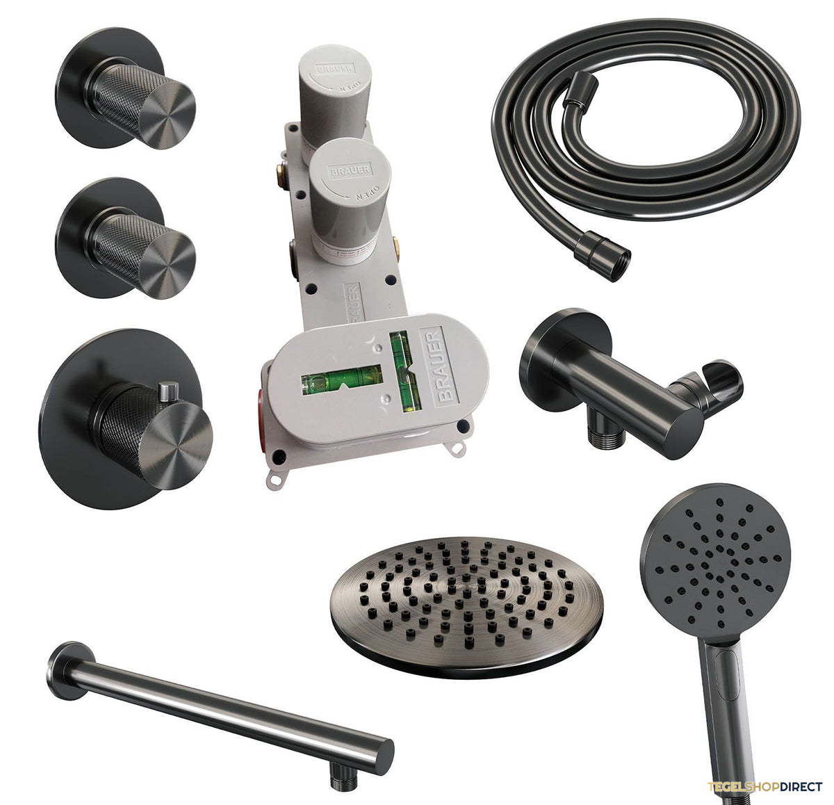 Regendoucheset Inbouw Brauer Gunmetal Carving Thermostatisch 20cm met Wandarm en Handdouche 3-Standen Losse Stopkranen Geborsteld Gunmetal – afbeelding 4