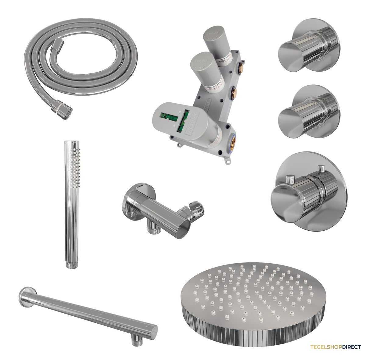 Brauer Stripe thermostatische inbouw regendouche SET 01 met 25 cm douchekop en rechte muurarm en staaf handdouche en doucheslang en wandaansluitbocht chroom – afbeelding 3