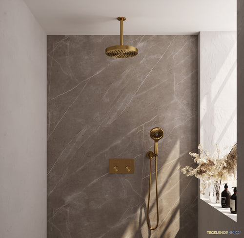 Brauer Stripe thermostatische inbouw regendouche met drukknoppen SET 30 met 25 cm douchekop en plafondarm en 3-standen handdouche en doucheslang en wandaansluitbocht goud geborsteld PVD