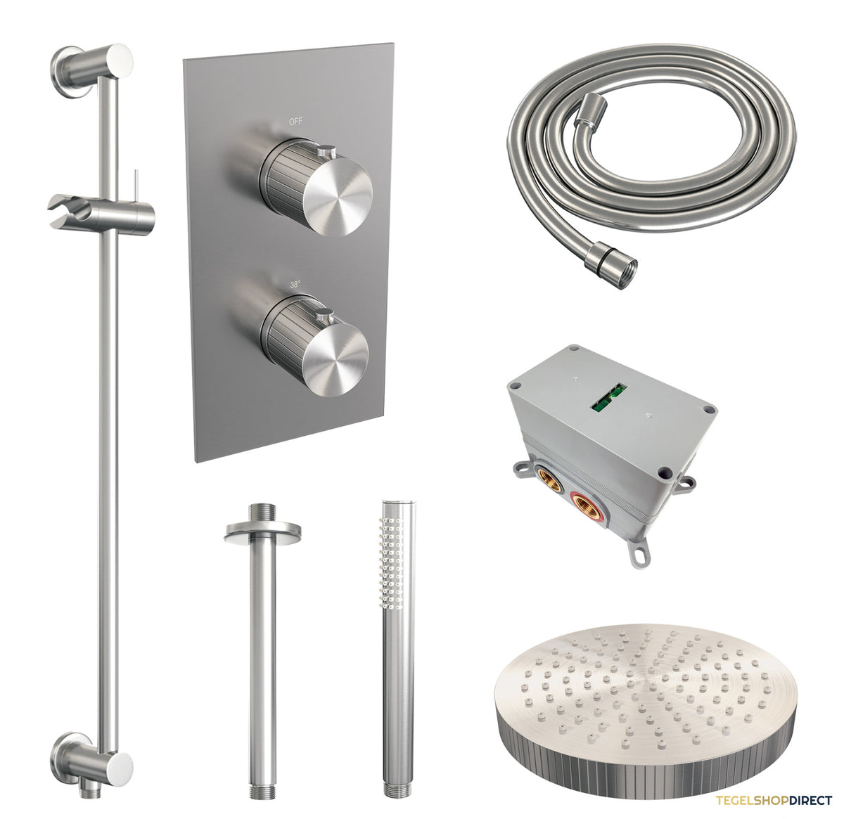 Brauer Stripe thermostatische inbouw regendouche 3-weg rechthoekig SET 21 met 25 cm douchekop en plafondarm en staaf handdouche en doucheslang en geintegreerde glijstang RVS-kleurig geborsteld PVD – afbeelding 3