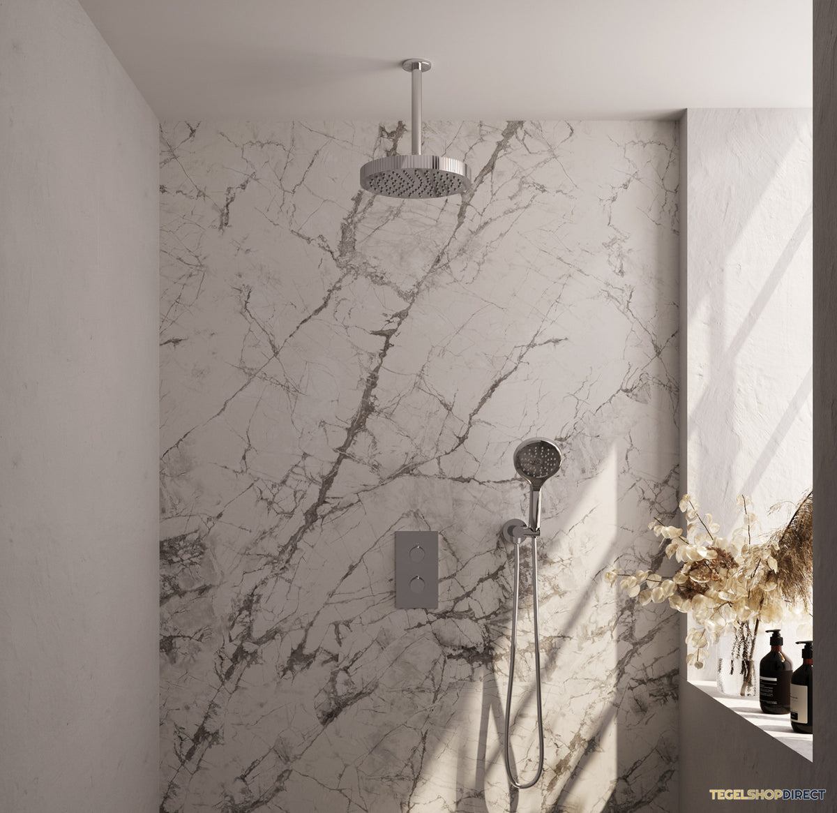 Brauer Stripe thermostatische inbouw regendouche 3-weg rechthoekig SET 18 met 25 cm douchekop en plafondarm en 3-standen handdouche en doucheslang en wandaansluitbocht chroom