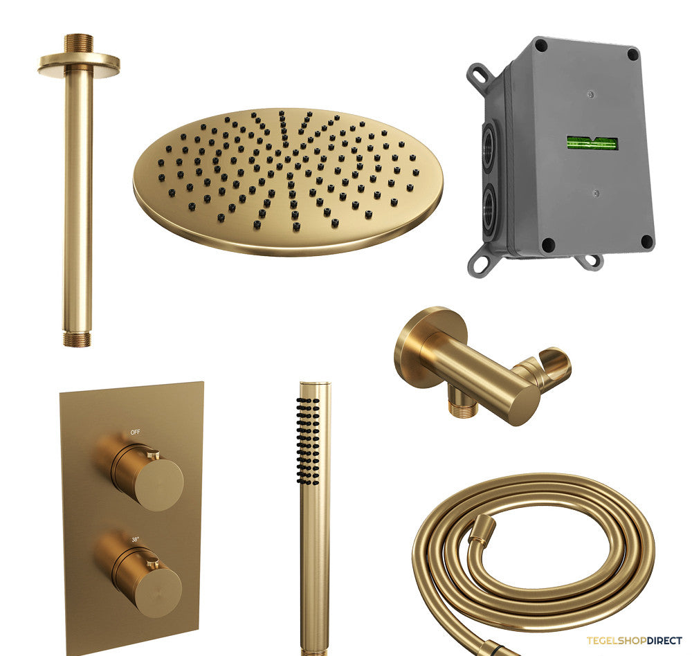 Regendoucheset Inbouw Brauer Gold Edition Thermostatisch 30cm met 3-Weg Omstelling, Plafondarm en Staaf Handdouche Geborsteld Goud – afbeelding 2