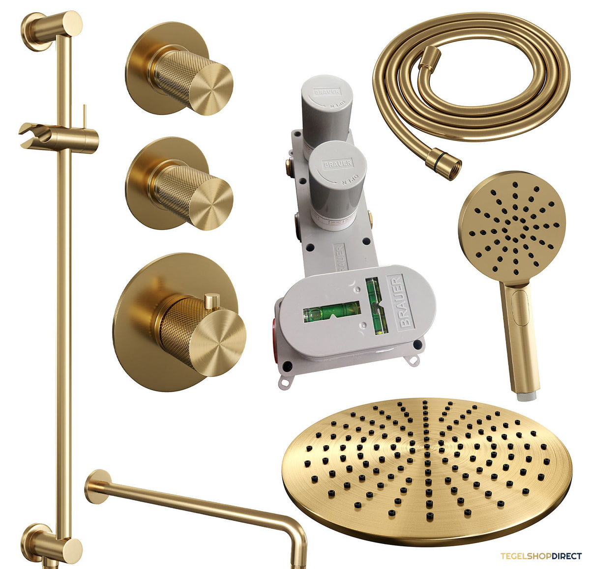 Regendoucheset Inbouw Brauer Gold Carving Thermostatisch 30cm met Gebogen Wandarm, Glijstang en Handdouche 3-Standen Geborsteld Goud – afbeelding 4
