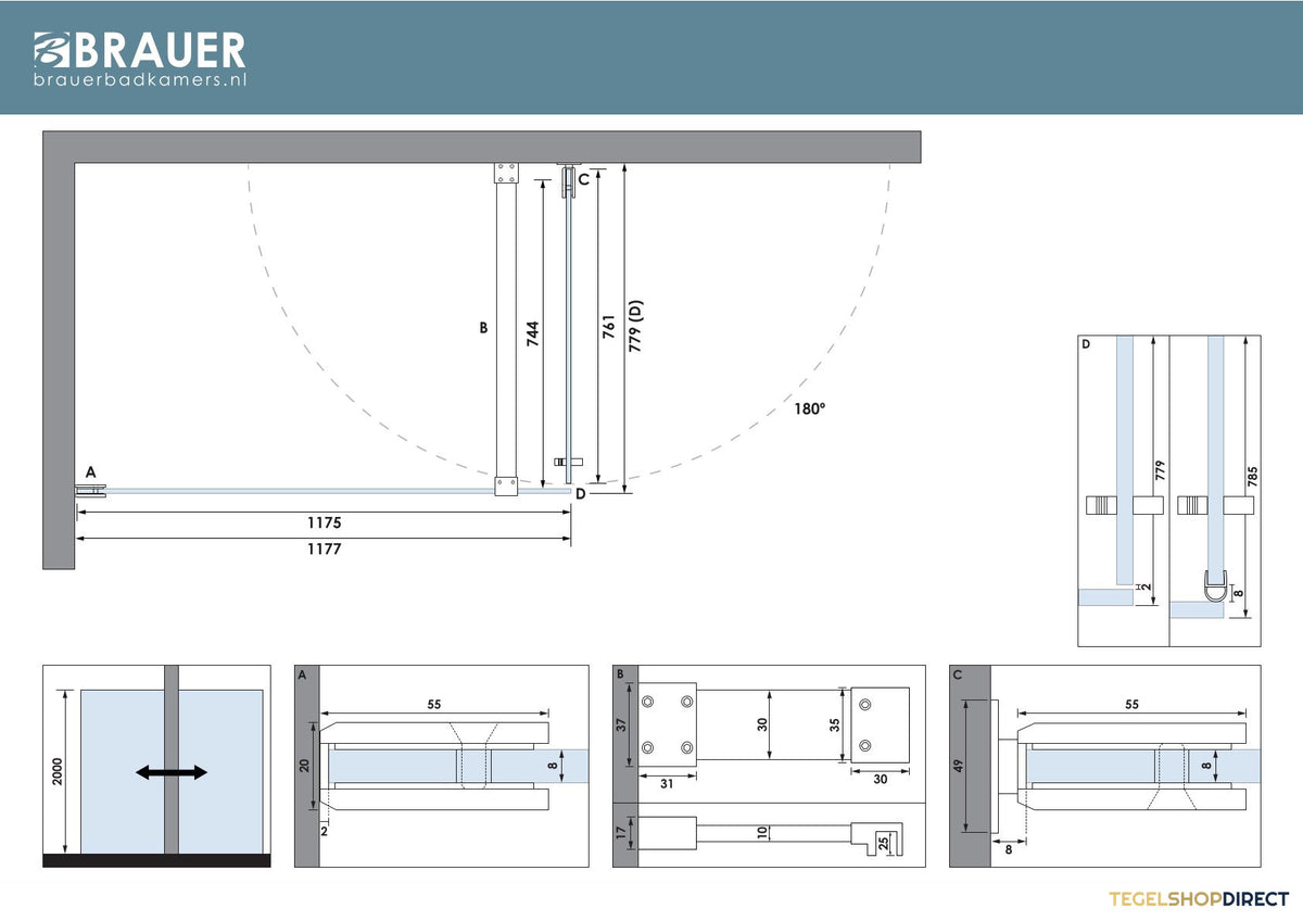 BRAUER Void douchecabine met draaideur helder glas 80x120x200 incl. glascoating PVD gunmetal geborsteld – afbeelding 7
