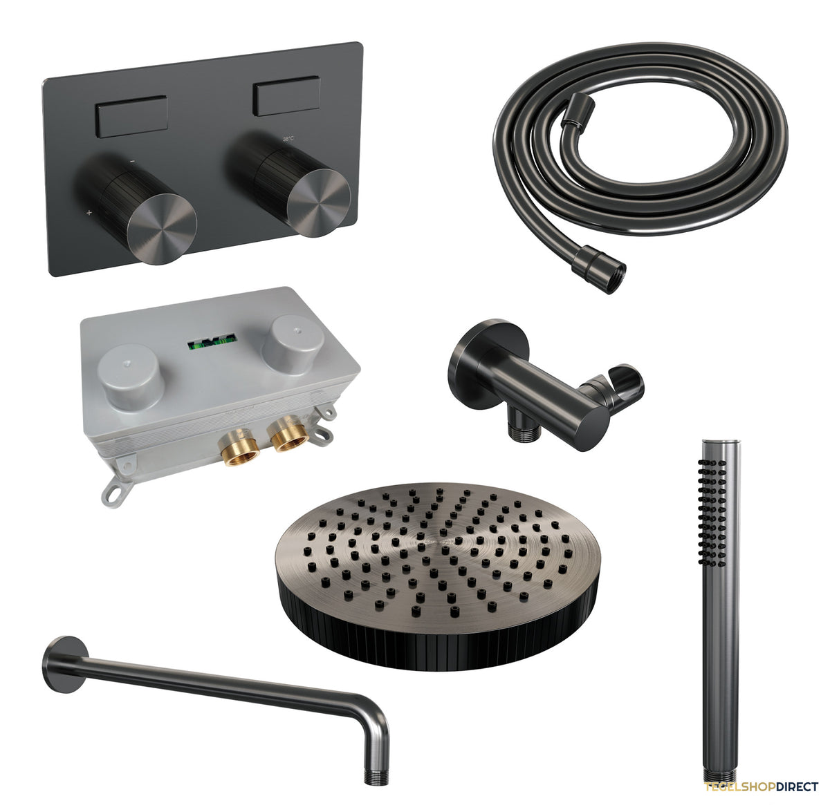 Brauer Stripe thermostatische inbouw regendouche met drukknoppen SET 26 met 25 cm douchekop en gebogen muurarm en staaf handdouche en doucheslang en wandaansluitbocht gunmetal geborsteld PVD – afbeelding 3
