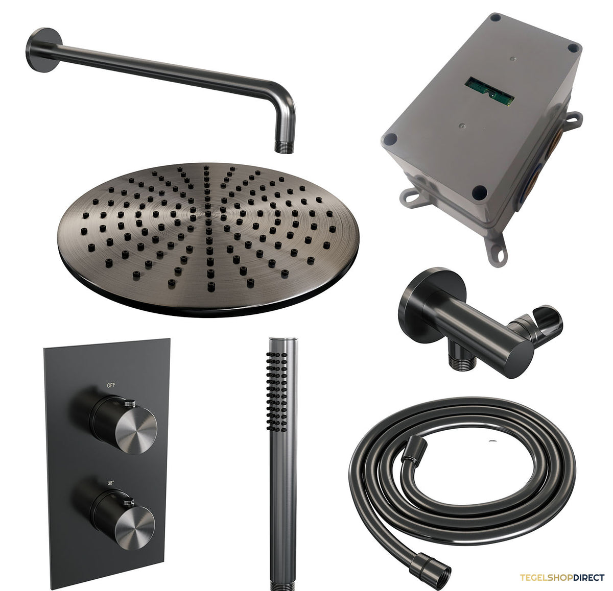 Regendoucheset Inbouw Brauer Gunmetal Edition Thermostatisch 30cm met 3-Weg Omstelling, Gebogen Wandarm en Staaf Handdouche Geborsteld Gunmetal – afbeelding 3
