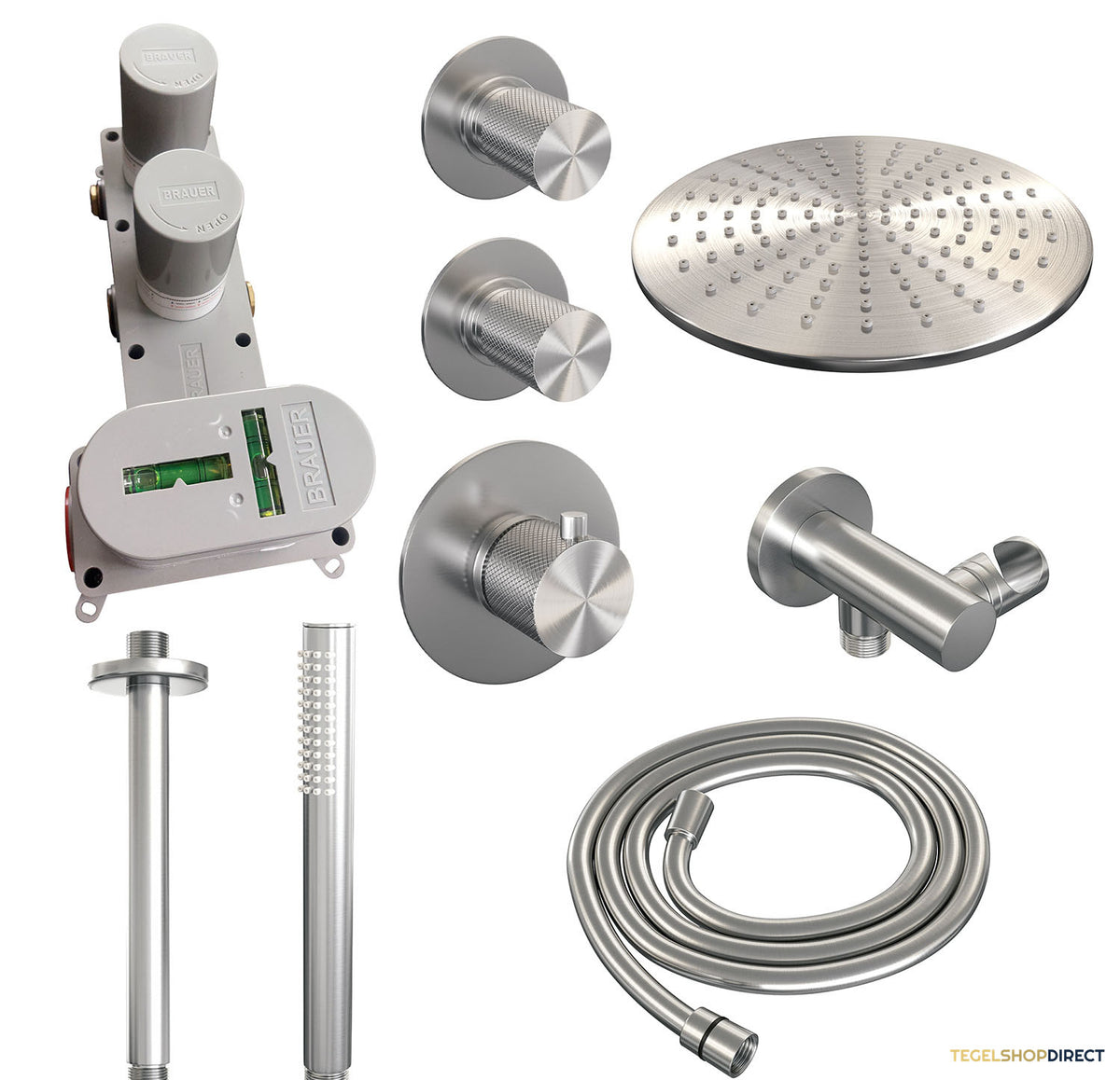Regendoucheset Inbouw Brauer Brushed Carving Thermostatisch 30cm met Plafondarm en Handdouche Staaf Losse Stopkranen Geborsteld RVS – afbeelding 3