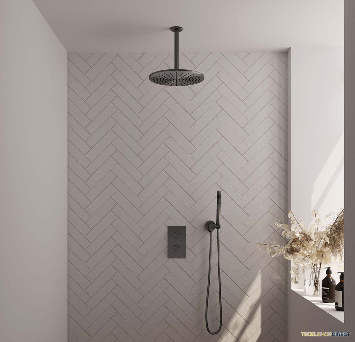 Regendoucheset Inbouw Brauer Gunmetal Edition Thermostatisch 30cm met 3-Weg Omstelling, Plafondarm en Staaf Handdouche Geborsteld Gunmetal
