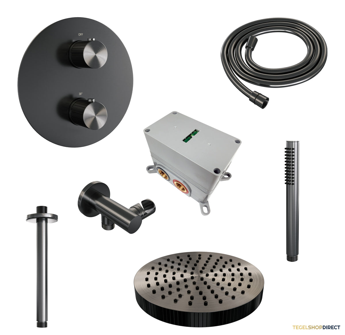 Brauer Stripe thermostatische inbouw regendouche 3-weg rond SET 39 met 25 cm douchekop en plafondarm en staaf handdouche en doucheslang en wandaansluitbocht gunmetal geborsteld PVD – afbeelding 3
