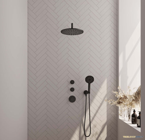 Regendoucheset Inbouw Brauer Black Carving Thermostatisch 30cm met Gebogen Wandarm en Handdouche 3-Standen Losse Stopkranen Mat Zwart