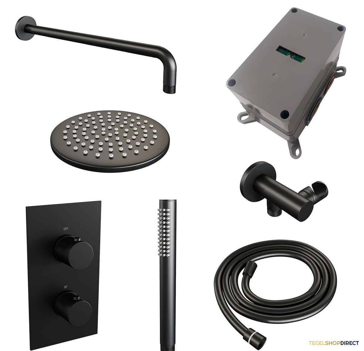 Regendoucheset Inbouw Brauer Black Carving Thermostatisch 20cm met 3-Weg Omstelling, Gebogen Wandarm en Staaf Handdouche Mat Zwart – afbeelding 3