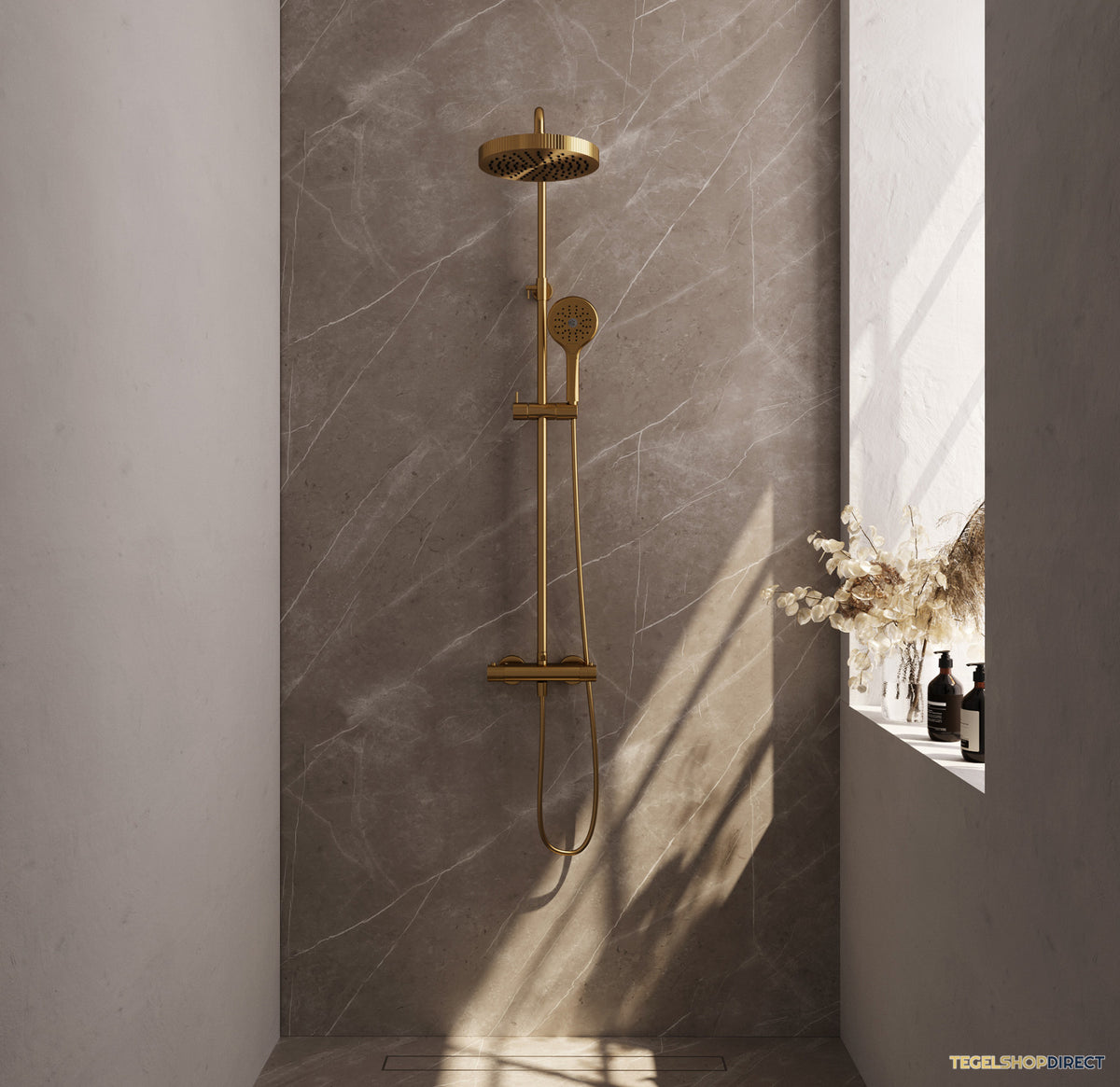 Brauer Stripe opbouw thermostatische regendouche SET 02 met 25 cm hoofddouche en 3-standen handdouche en doucheslang goud geborsteld PVD – afbeelding 2
