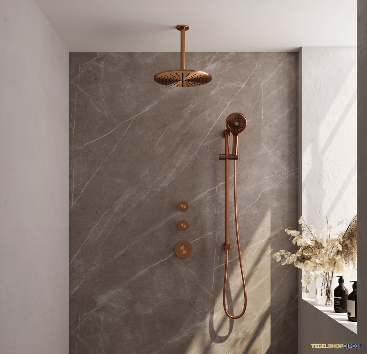 Regendoucheset Inbouw Brauer Copper Carving Thermostatisch 30cm met Plafondarm, Glijstang en Handdouche 3-Standen Geborsteld Koper