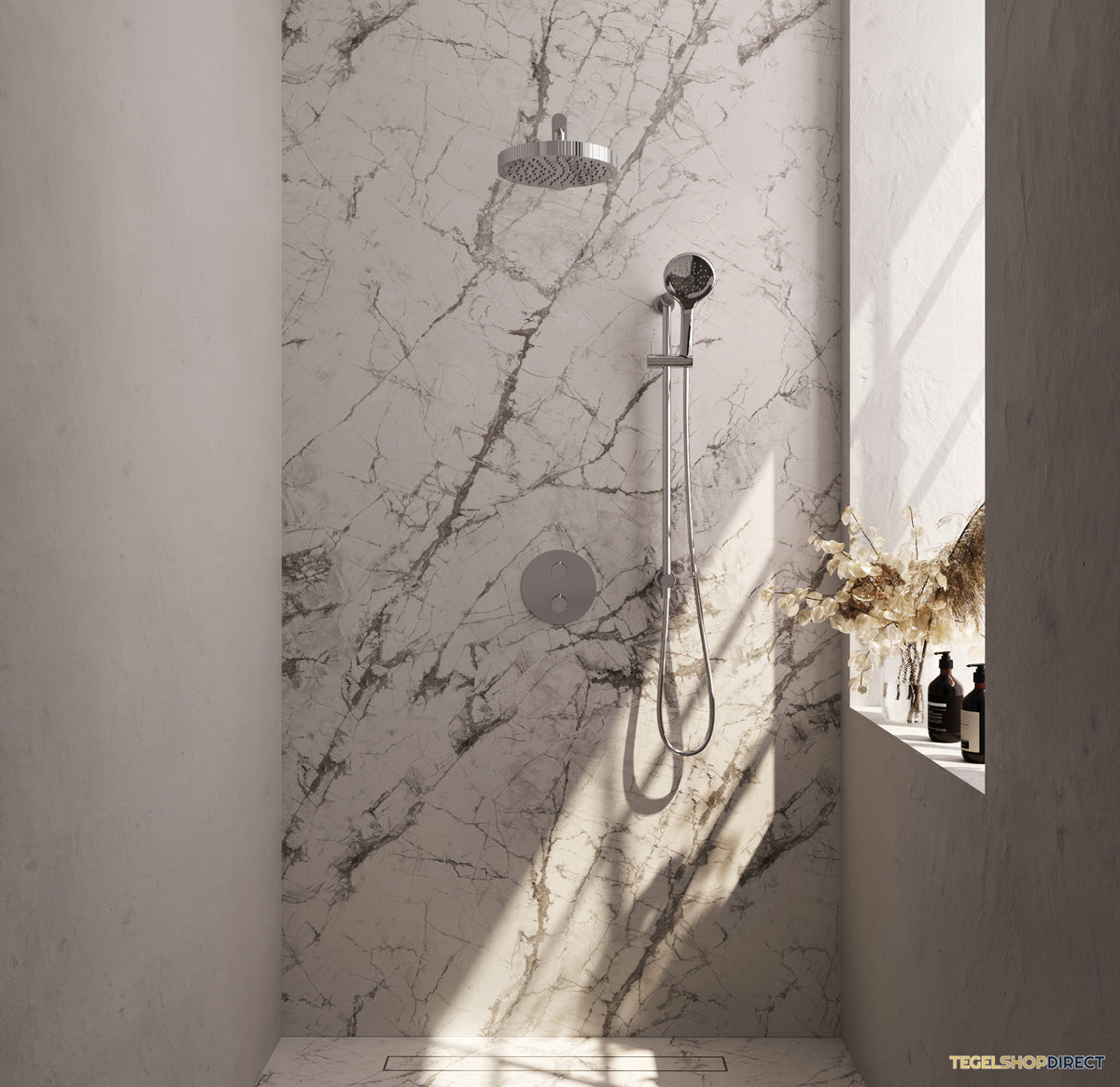 Brauer Stripe thermostatische inbouw regendouche 3-weg rond SET 46 met 25 cm douchekop en rechte muurarm en 3-standen handdouche en doucheslang en geintegreerde glijstang chroom – afbeelding 2