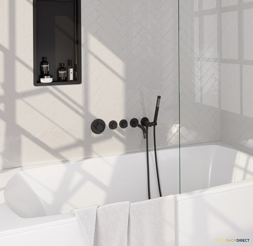 Brauer Stripe thermostatische inbouw badkraan SET 01 met uitloop en staaf handdouche en doucheslang en wandaansluitbocht mat zwart
