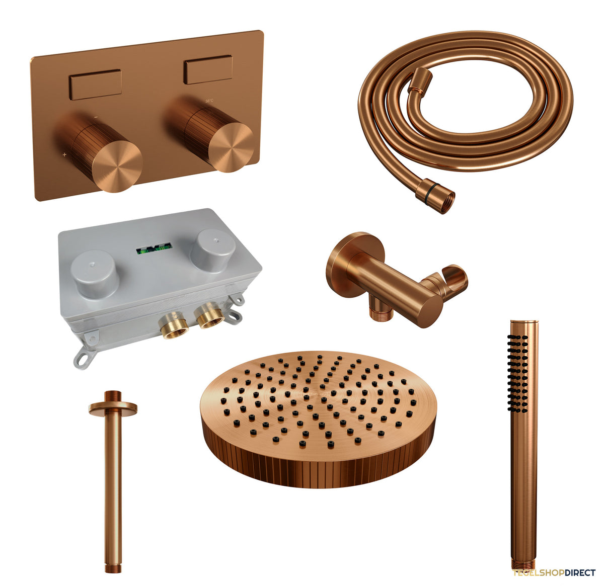 Brauer Stripe thermostatische inbouw regendouche met drukknoppen SET 27 met 25 cm douchekop en plafondarm en staaf handdouche en doucheslang en wandaansluitbocht koper geborsteld PVD – afbeelding 3