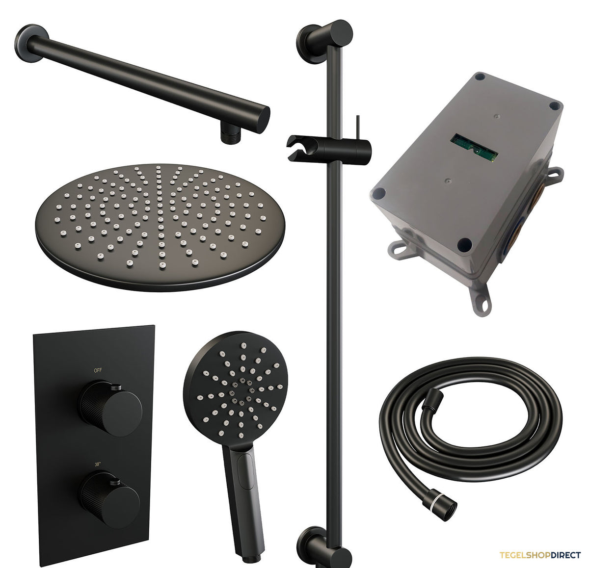 Regendoucheset Inbouw Brauer Black Carving Thermostatisch 30cm met 3-Weg Omstelling, Wandarm, Glijstang en 3-Standen Handdouche Mat Zwart – afbeelding 3